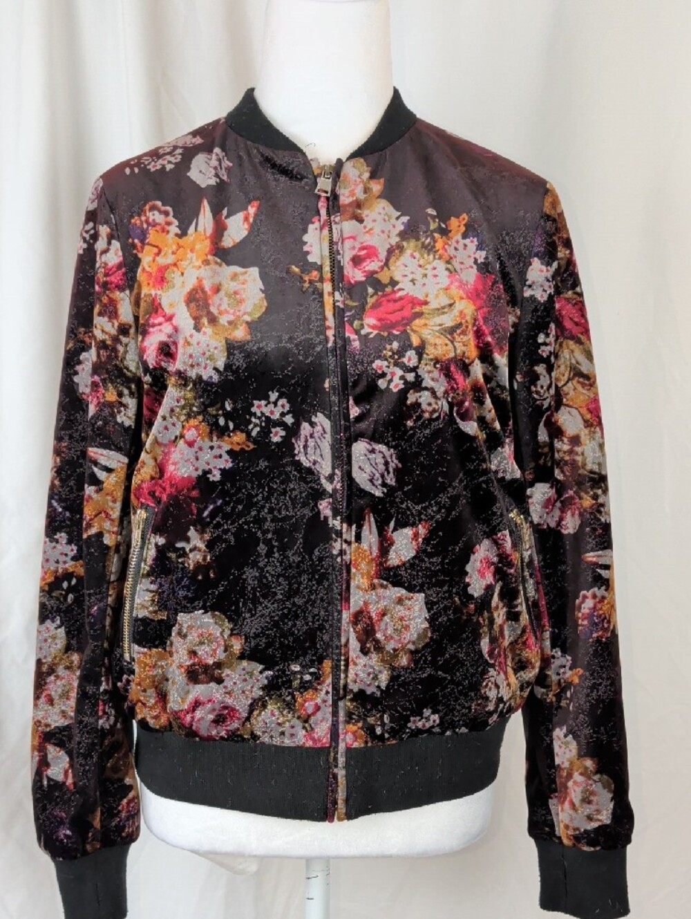 Écru Studios Black Floral Metallic Zip Up Bomber Jacket S